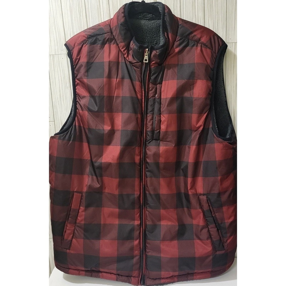 Weatherproof Vintage Vest, Red/Black Checks, Reversible Fleece/ Gray, Men's 2XL